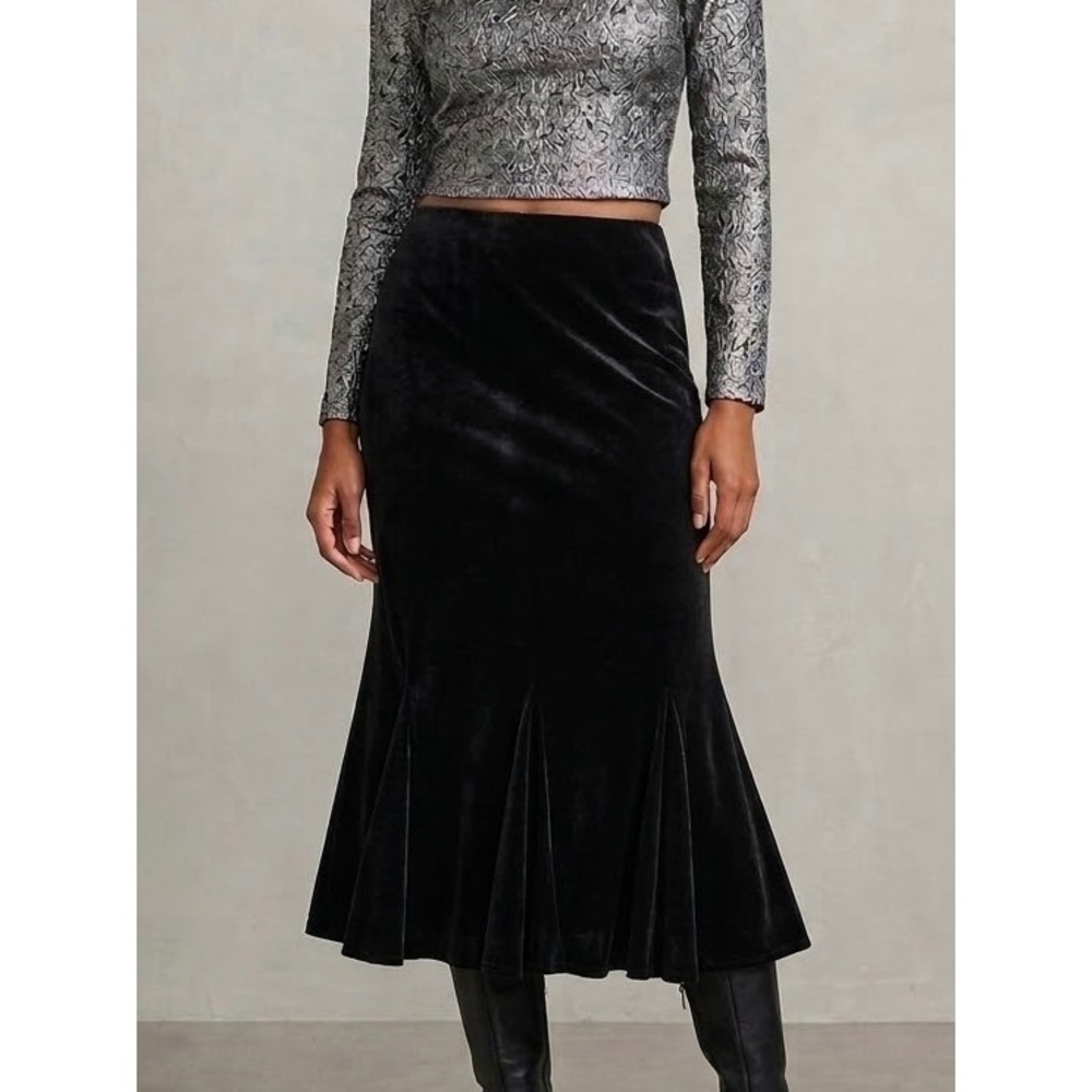 Vintage Carole Little Velvet Midi Skirt Medium Black Whimsigoth Mermaid Trumpet